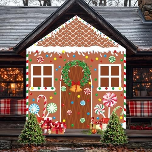 4 Pcs Christmas Gingerbread House Door Cover Decorations Gingerbread Door Cover Christmas House Backdrop For Xmas Holiday Party Supplies Home School Office Photo Booth Decor - Image 3