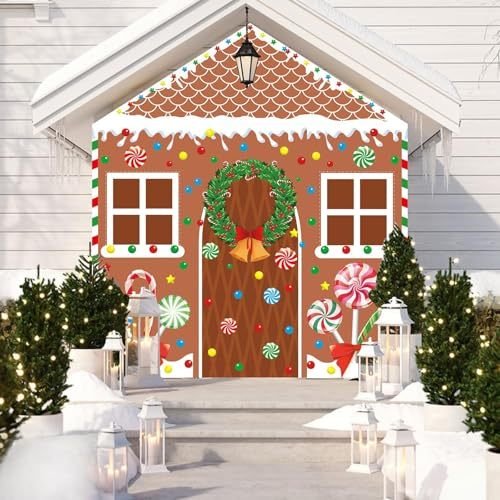 4 Pcs Christmas Gingerbread House Door Cover Decorations Gingerbread Door Cover Christmas House Backdrop For Xmas Holiday Party Supplies Home School Office Photo Booth Decor - Image 7