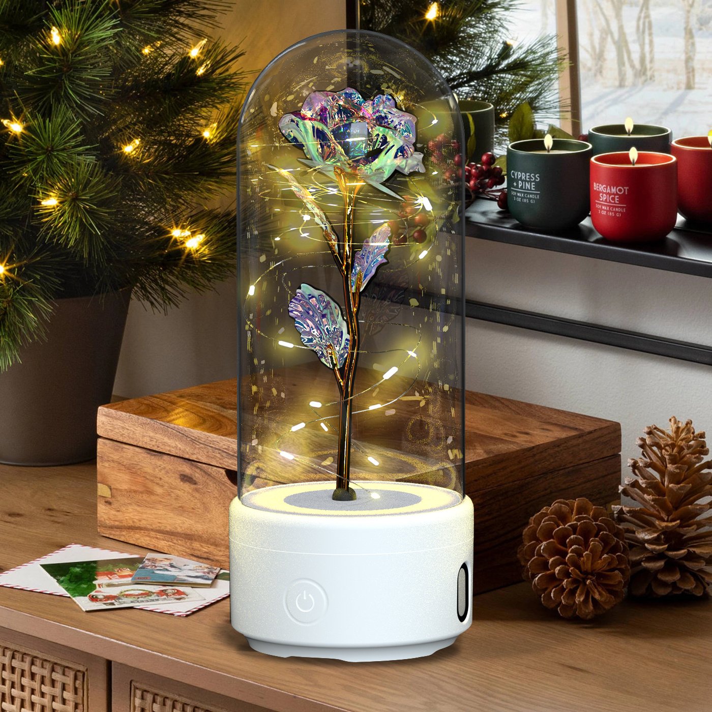 Creative 2 In 1 Rose Flowers LED Light And Bluetooth-compatible Speaker Valentine's Day Gift Rose Luminous Night Light Ornament In Glass Cover - Image 9