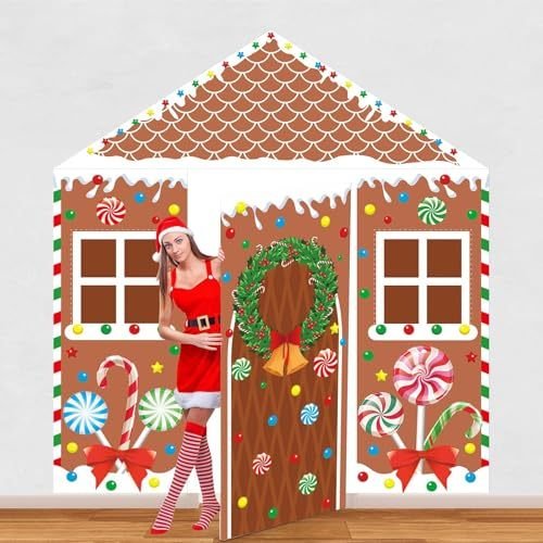 4 Pcs Christmas Gingerbread House Door Cover Decorations Gingerbread Door Cover Christmas House Backdrop For Xmas Holiday Party Supplies Home School Office Photo Booth Decor