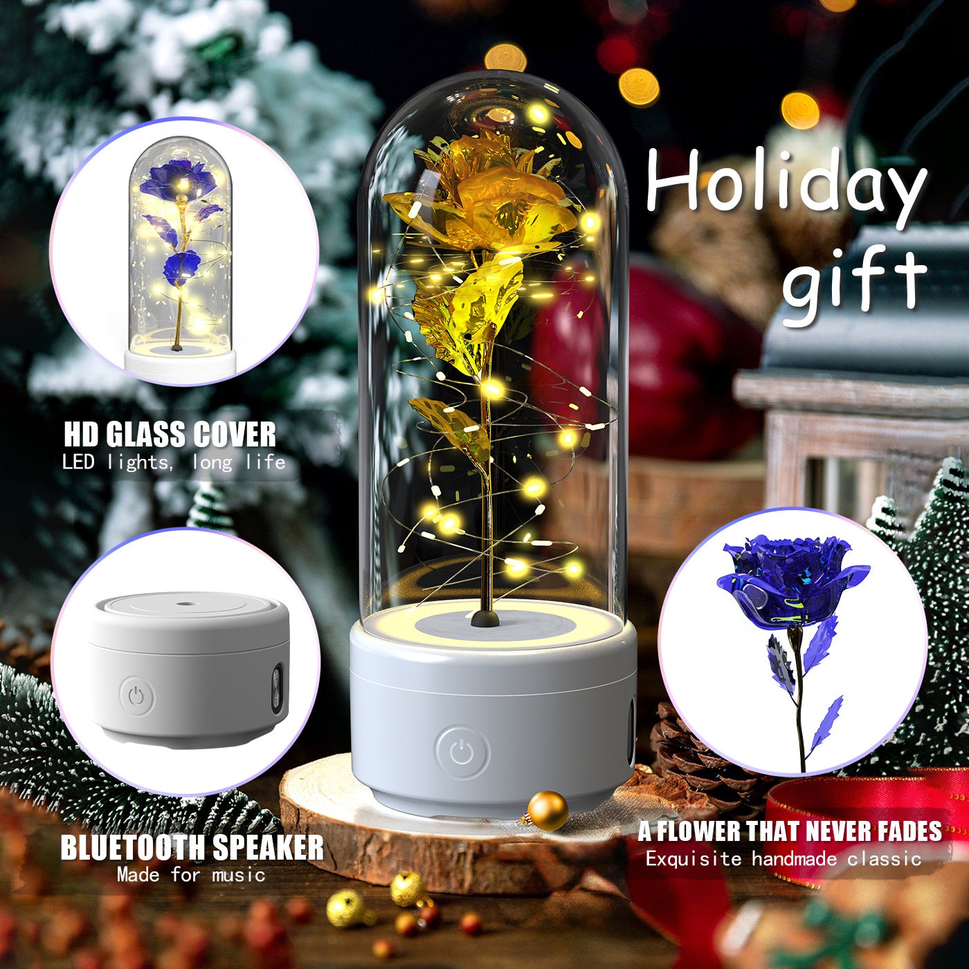Creative 2 In 1 Rose Flowers LED Light And Bluetooth-compatible Speaker Valentine's Day Gift Rose Luminous Night Light Ornament In Glass Cover - Image 2